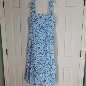 Draper James Womens Blue White Flutter Strap Smocked Maxi Dress Sz Xl